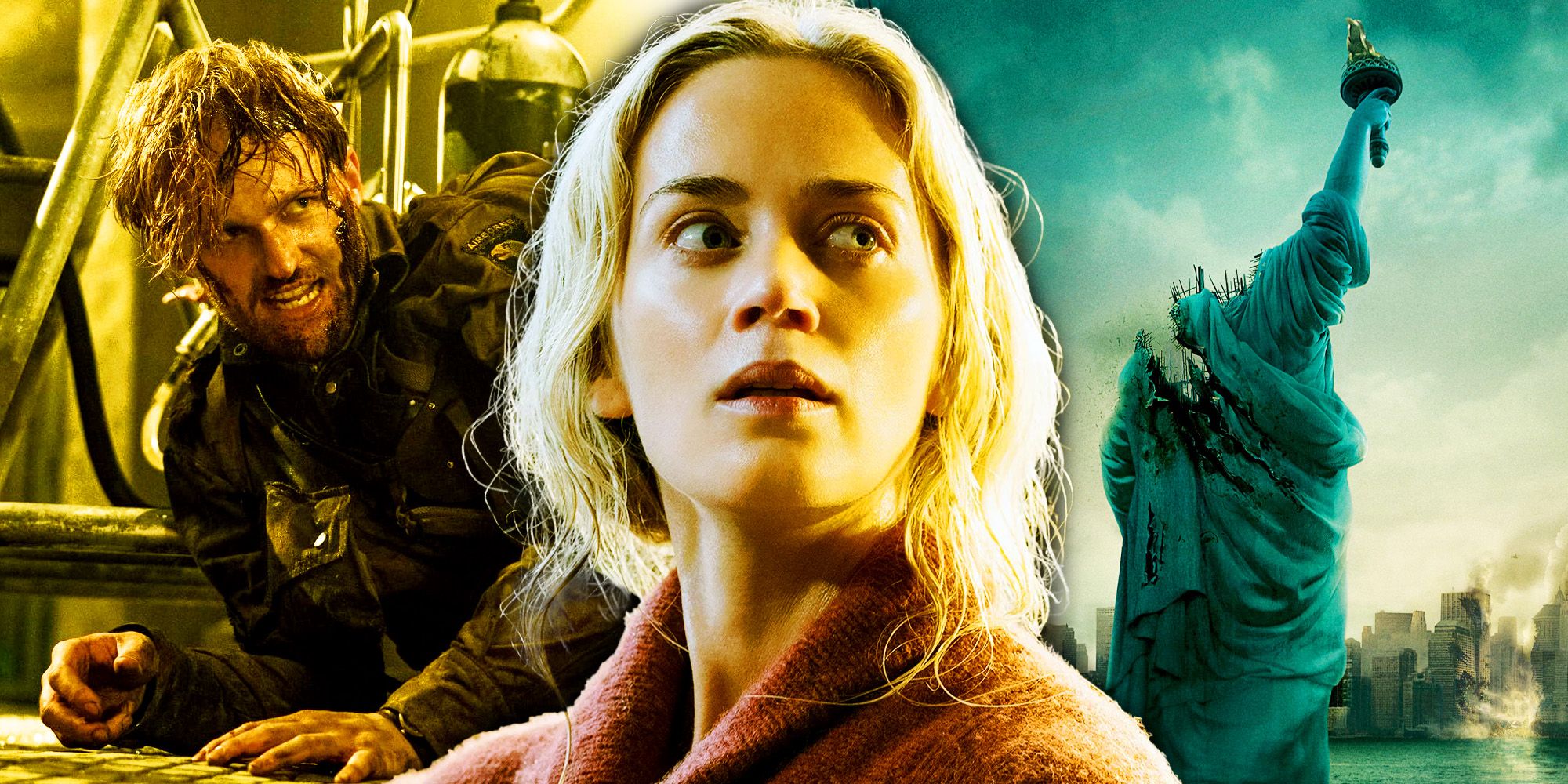 Wyatt Russell in Overlord, Emily Blunt in A Quiet Place, and the poster for Cloverfield
