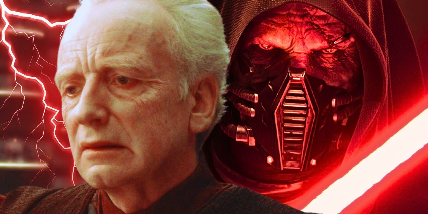 Palpatine looking distressed in Star Wars with the image of the Sith in the background