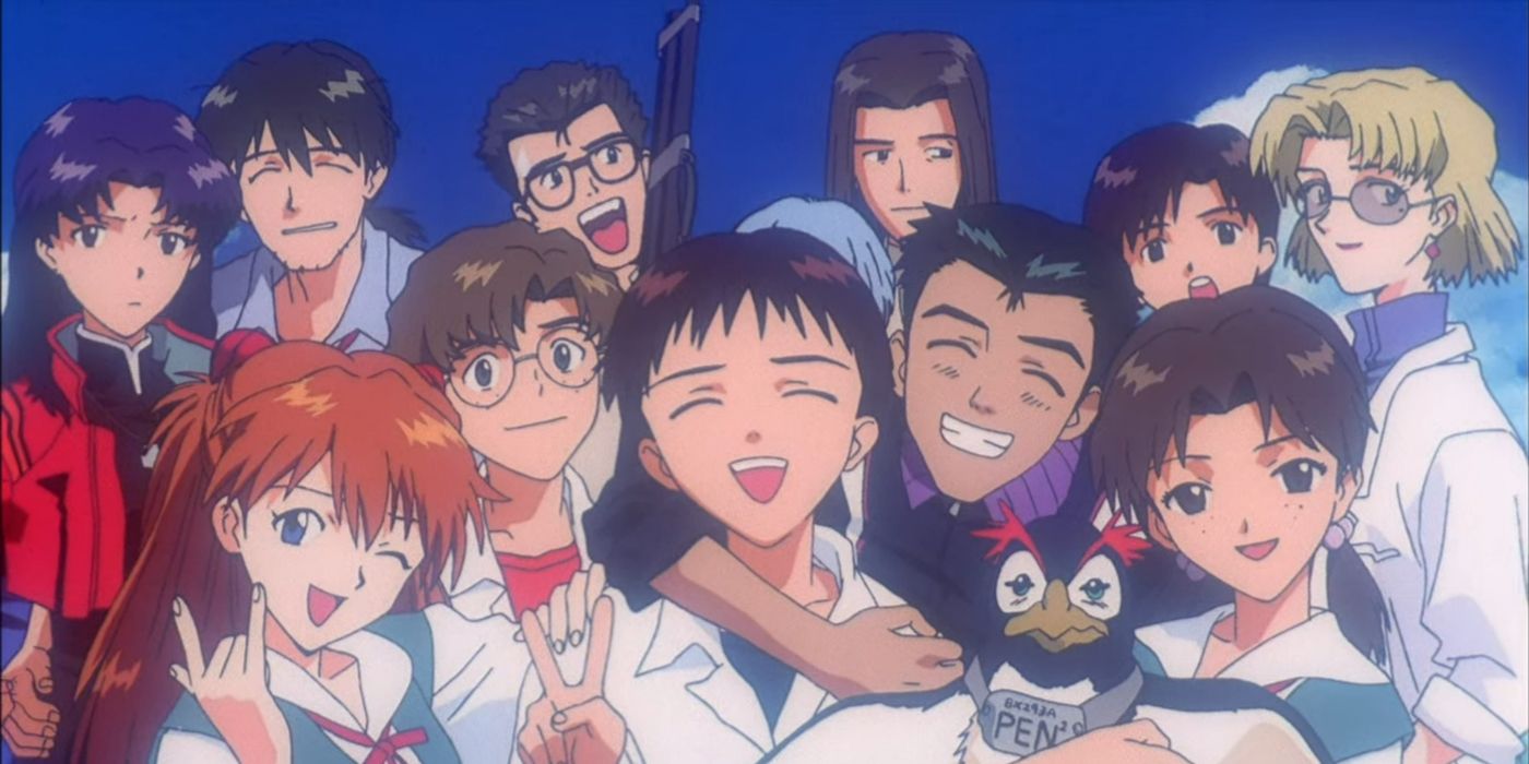 The cast of End of Evangelion taking a photograph together