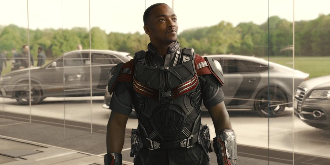 Anthony Mackie as Falcon stands in the Avengers compound in Avengers: Age of Ultron