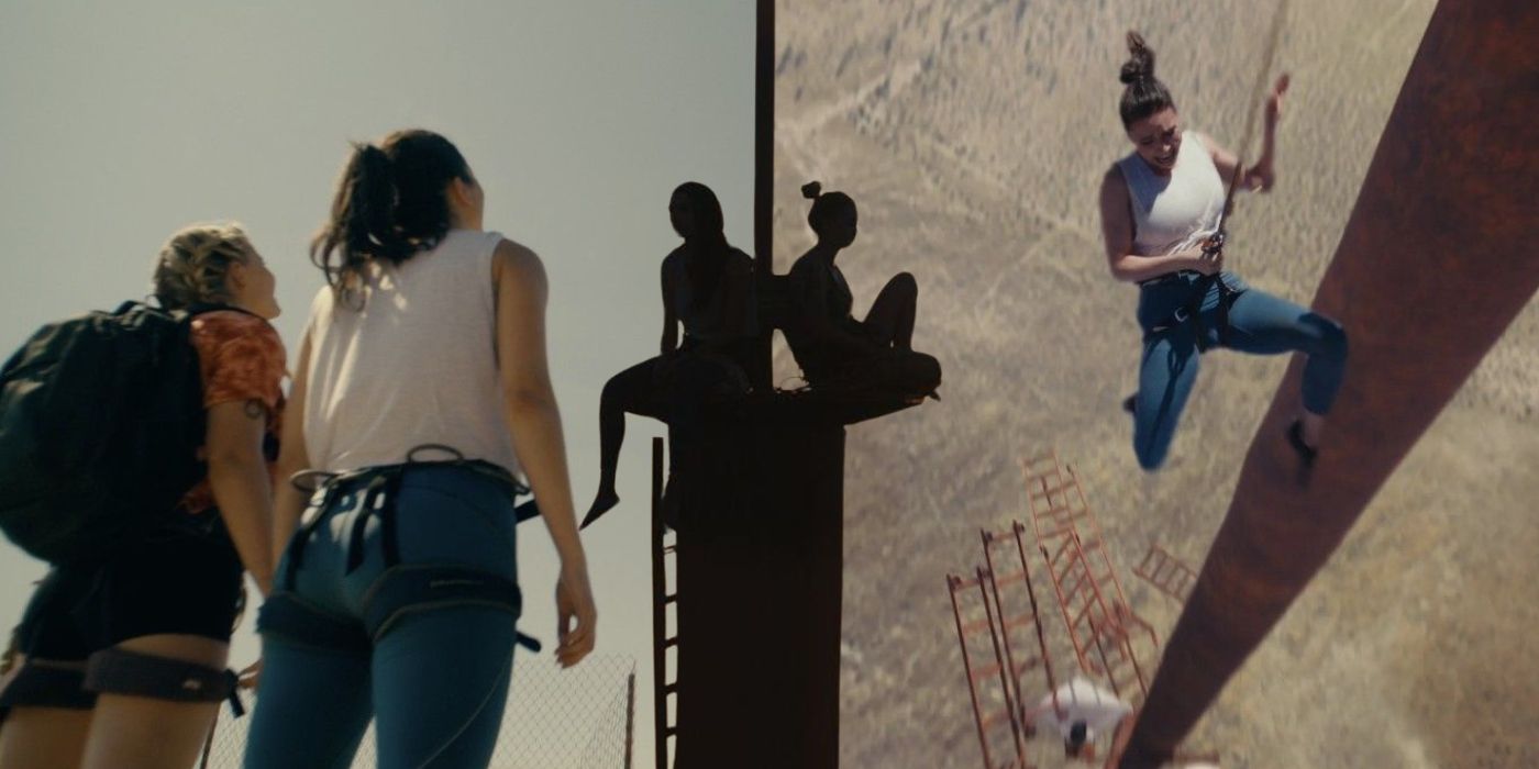 A collage of three images of Becky and Hunter from the movie Fall