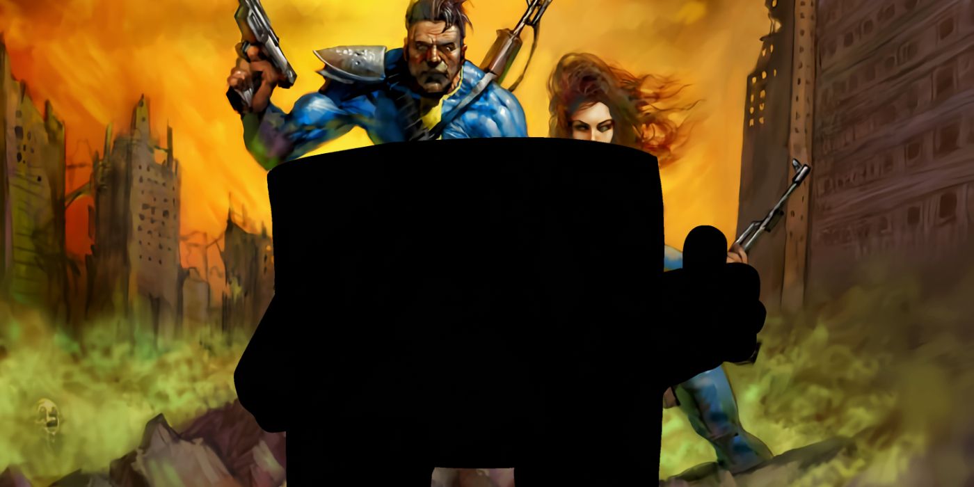 A silhouette of Meat Boy a cube with arms and legs, giving a thumbs up, in front of a background of Fallout 1 concept art, showing two vault dwellers holding weapons and standing on ghoul bodies.