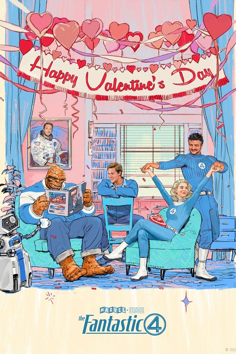 Fantastic Four 2025 Valentines Day Poster Featuring Pedro Pascal, Vanessa Kirby, Ebon Moss-Bachrach, and Joseph Quinn