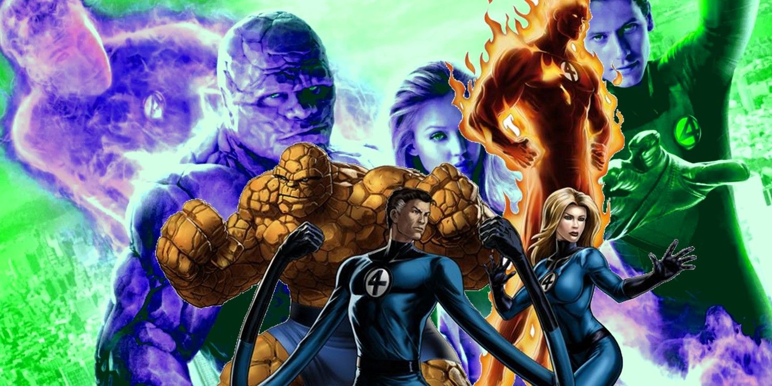 Fantastic four cast from 2005's movie with Marvel comics fantastic four team layered in front