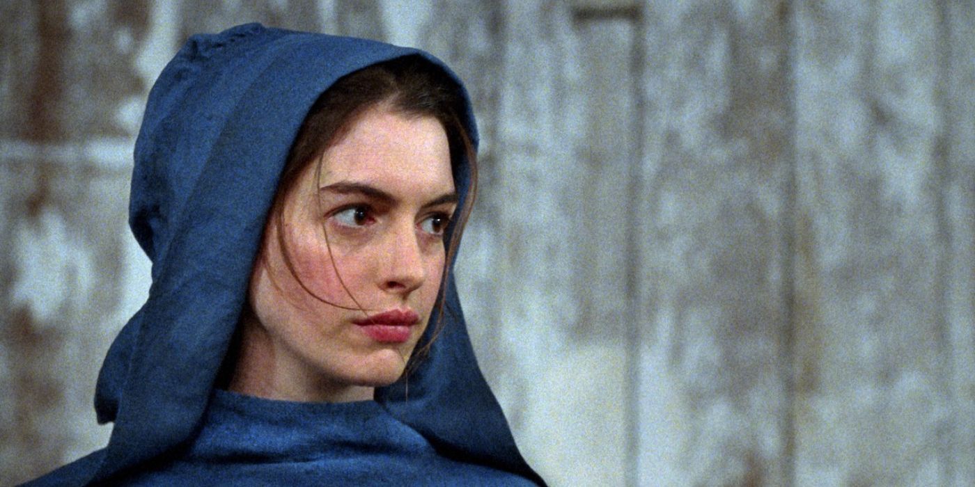 Anne Hathaway as Fantine Wearing a Blue Hood in Les Miserables