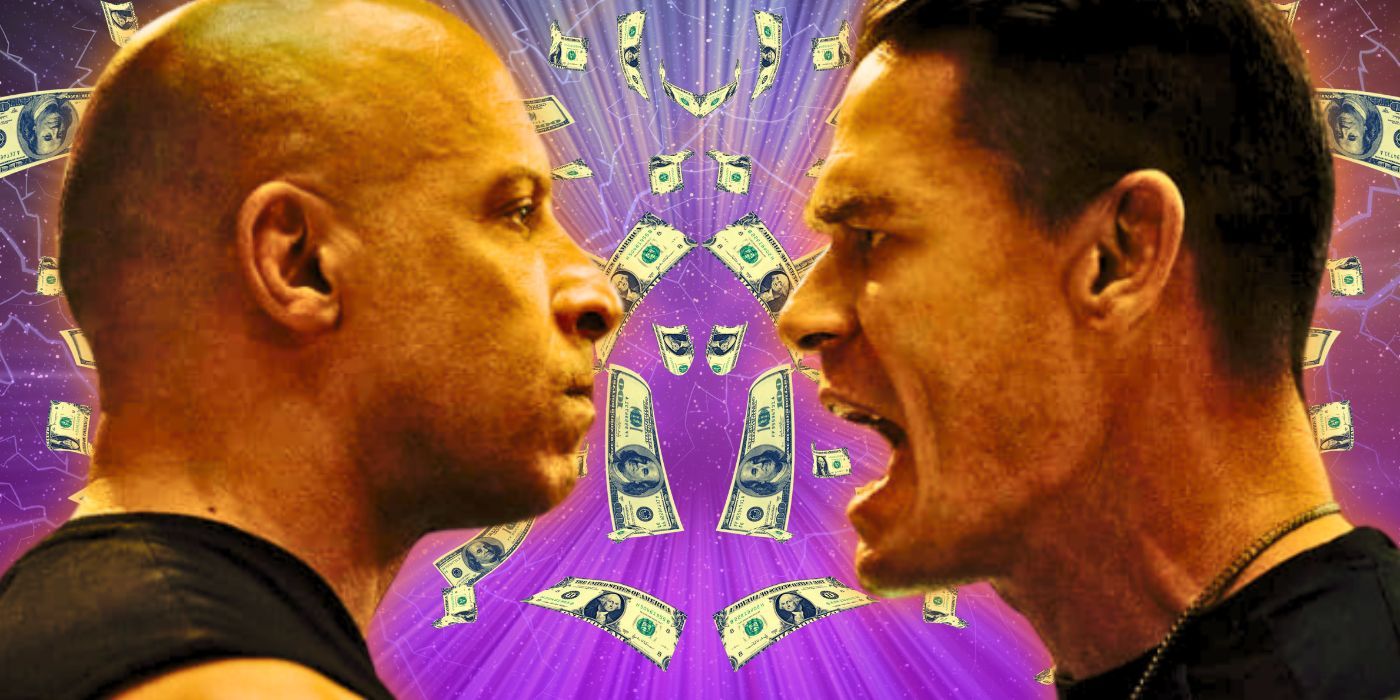 Vin Diesel as Dominic Toretto and John Cena as Jakob Toretto from F9 with money behind them