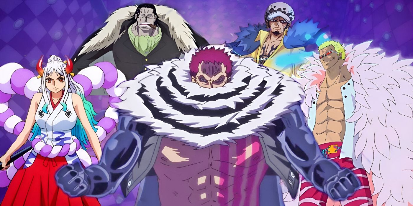 A compilation of One Piece characters with Charlotte Katakuri in the front with Yamato, Donquixote Doflamingo, Crocodile, and Trafalgar Law behind him.