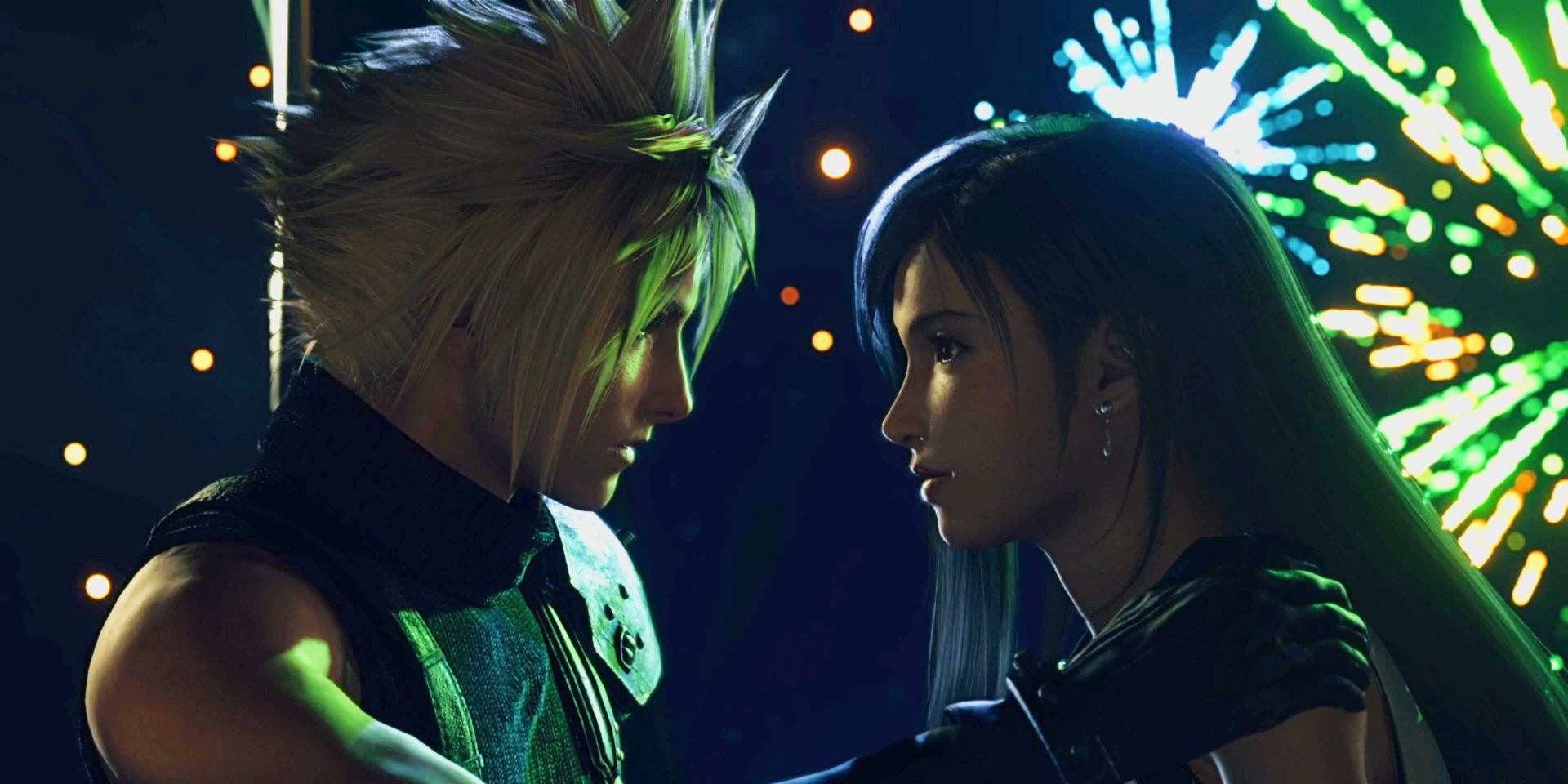 FF7 - Cloud and Tifa lean in for a kiss while multicolored fireworks appear outside