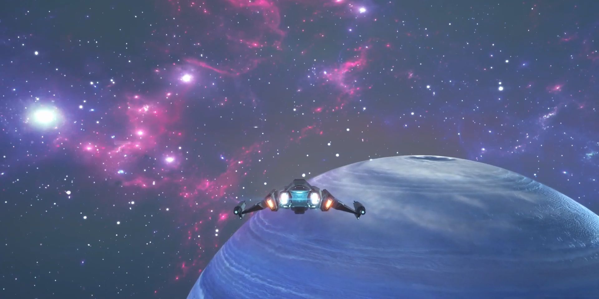 FF7 Rebirth - A small ship flies alongside a blue planet in a screenshot from the Galactic Saviors minigame.