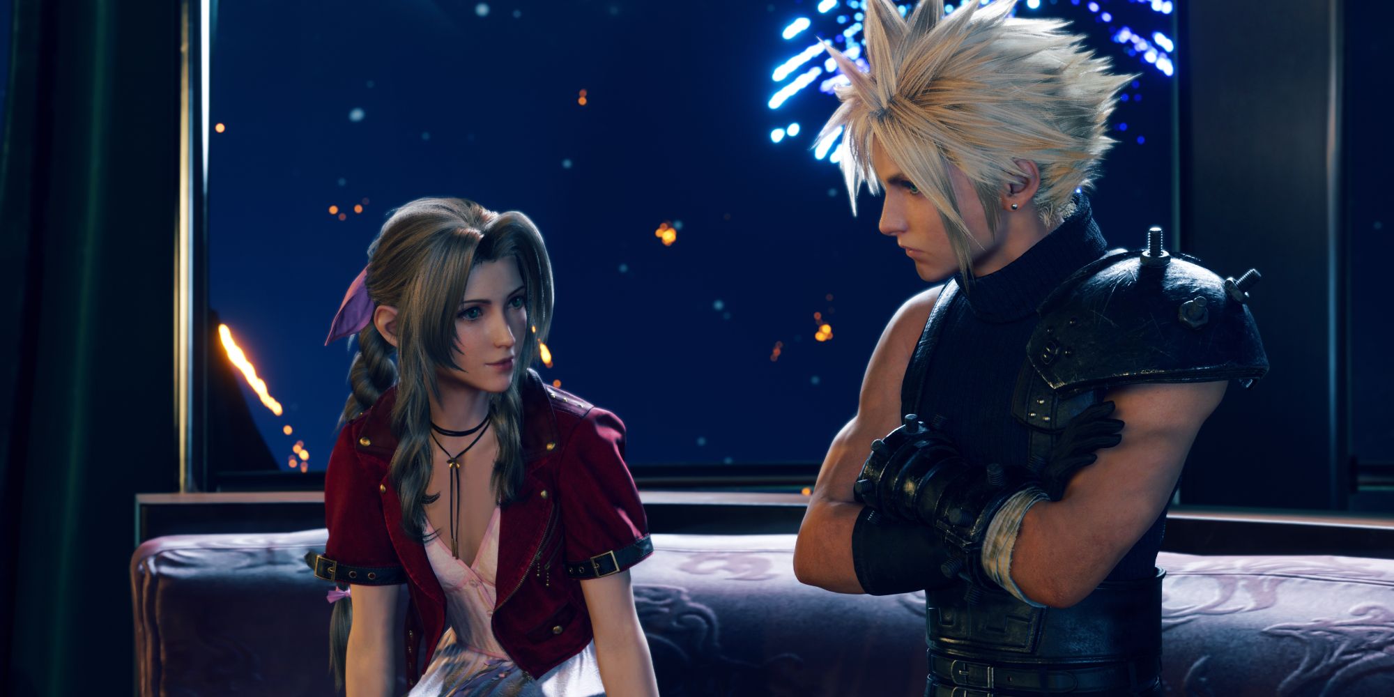 Cloud and Aerith in Final Fantasy 7 Rebirth, having a conversation by a window, and fireworks explode in the distance.