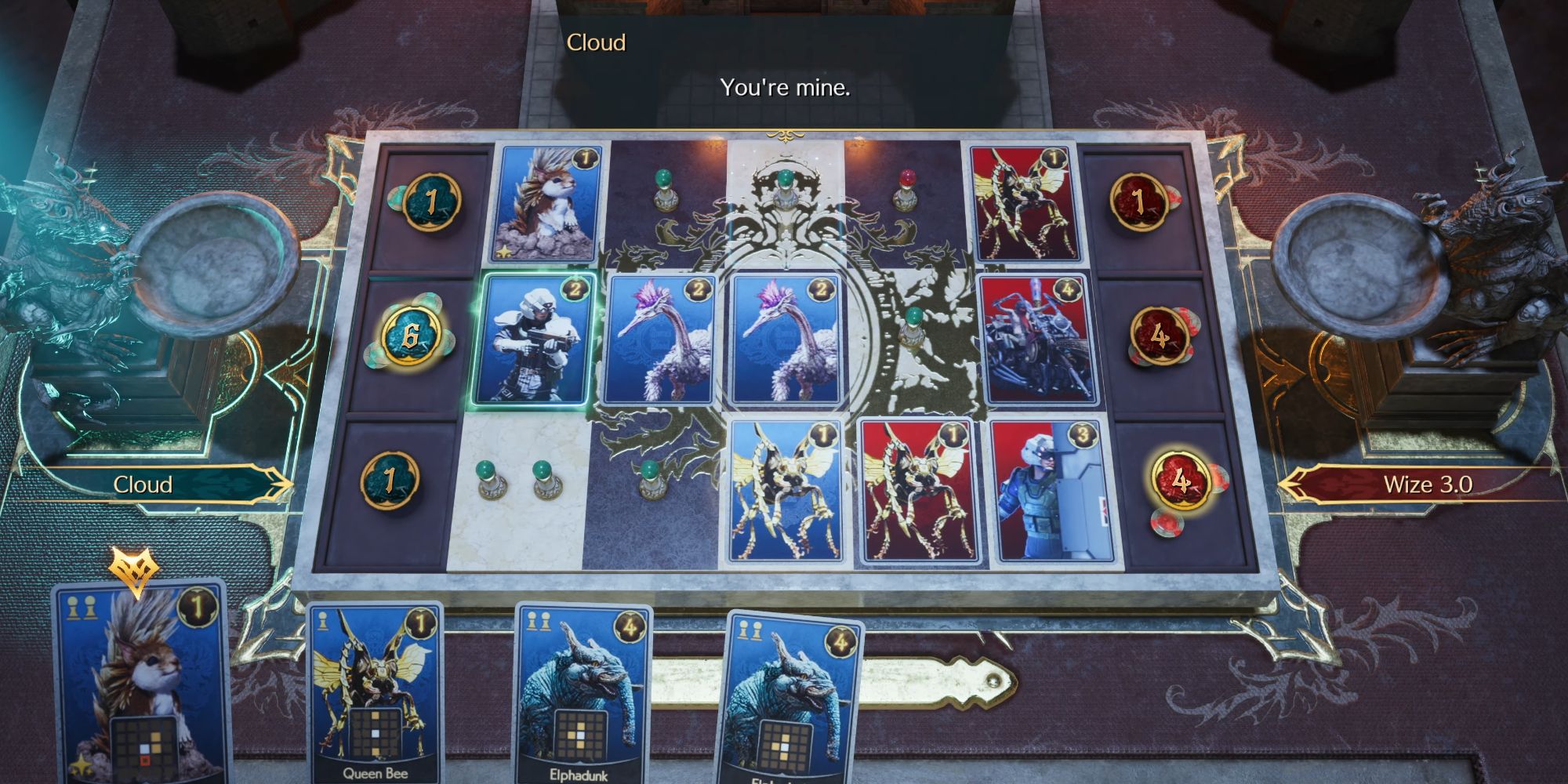 A top-down perspective on a card game being played in Final Fantasy 7 Rebirth. Four cards are in the player's hand in the bottom left corner, while ones already played are arranged on a 3x7 grid.