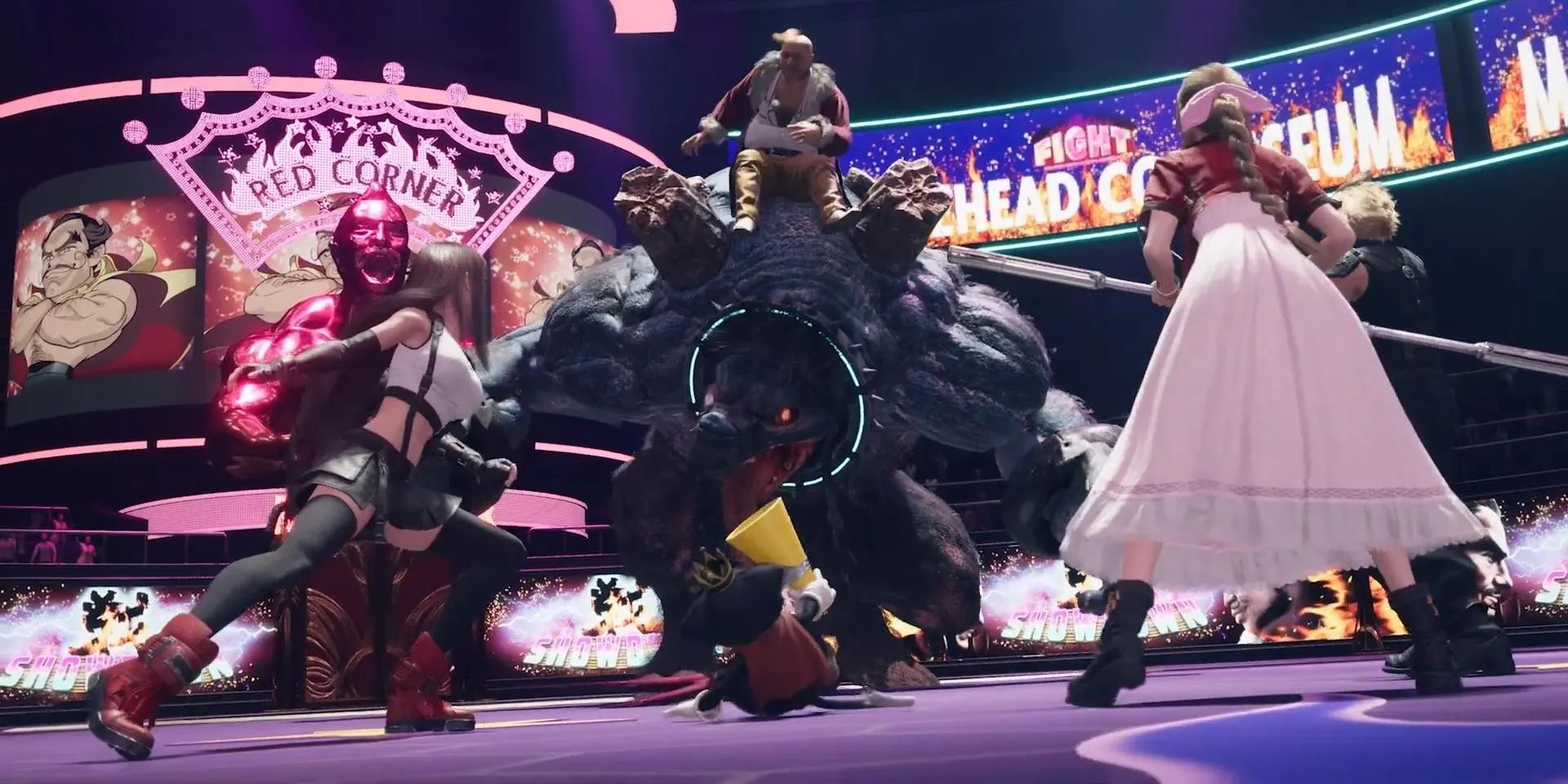 FF7 Rebirth - Tifa, Cait Sith, and Aerith battle against Don Corneo, who sits on a monster's back.