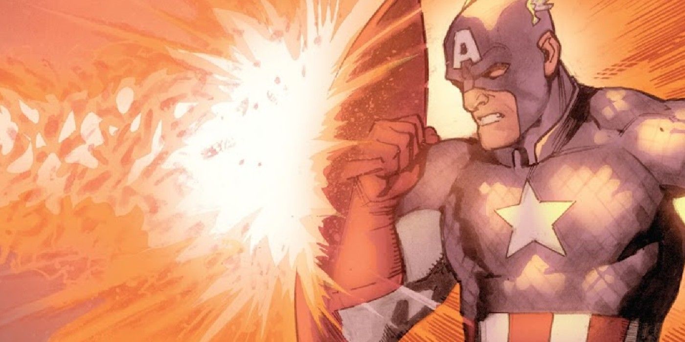 Captain America blocks a blast of demonic fire with his shield