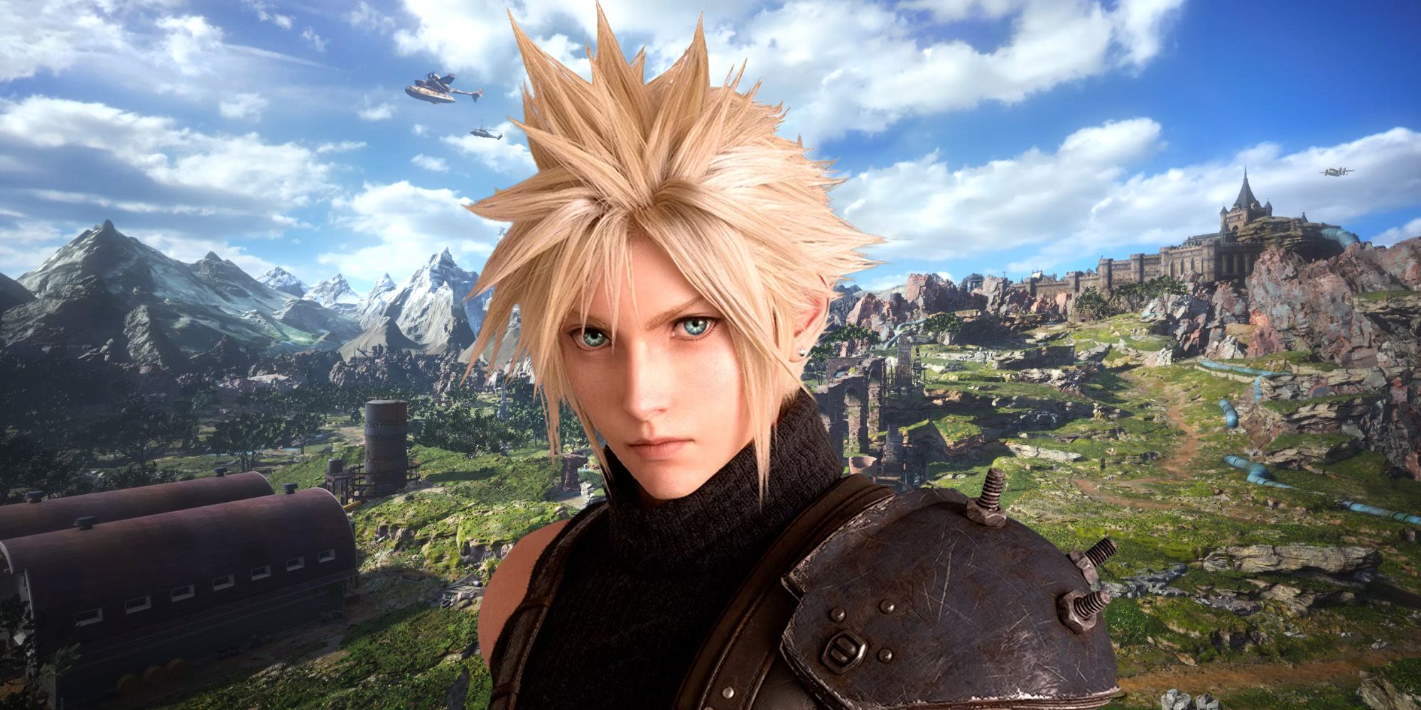 Final Fantasy 7 Rebirth Cloud in front of a landscape.