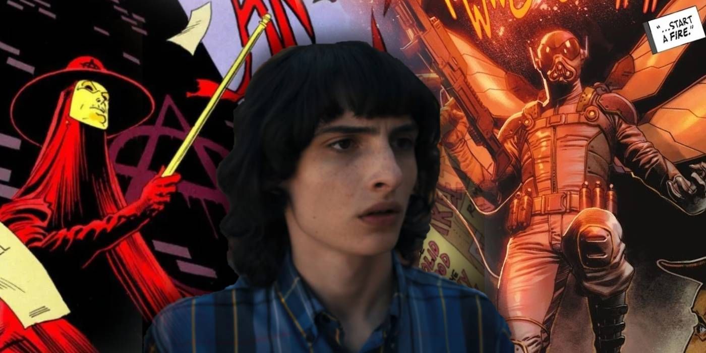 Finn Wolfhard in front of Anarky and Firefly from Batman Comics