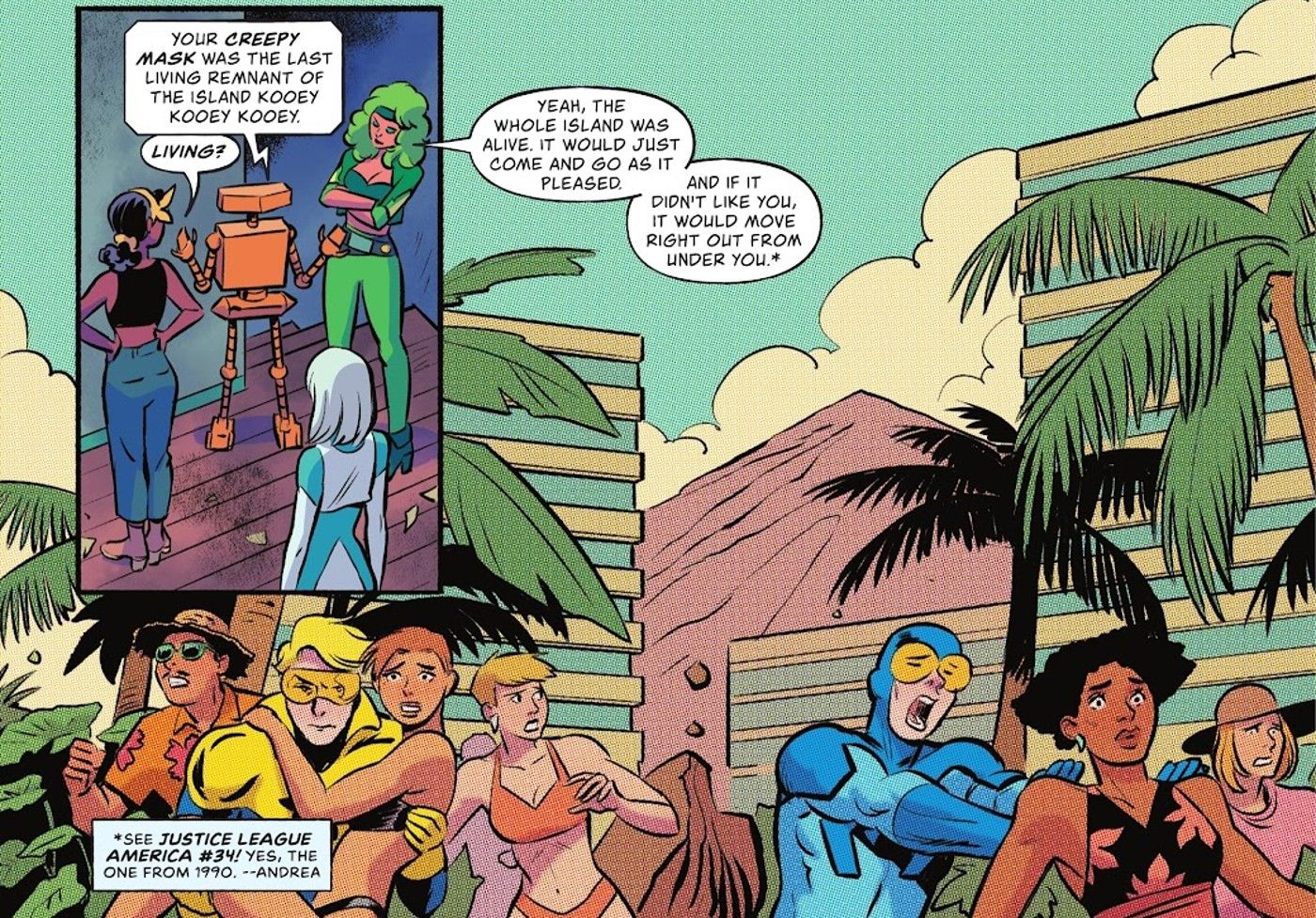 Painéis de quadrinhos: Flashback de Fogo e Gelo para Booster Gold e Blue Beetle ajudando pessoas na Ilha Kooey Kooey Kooey.