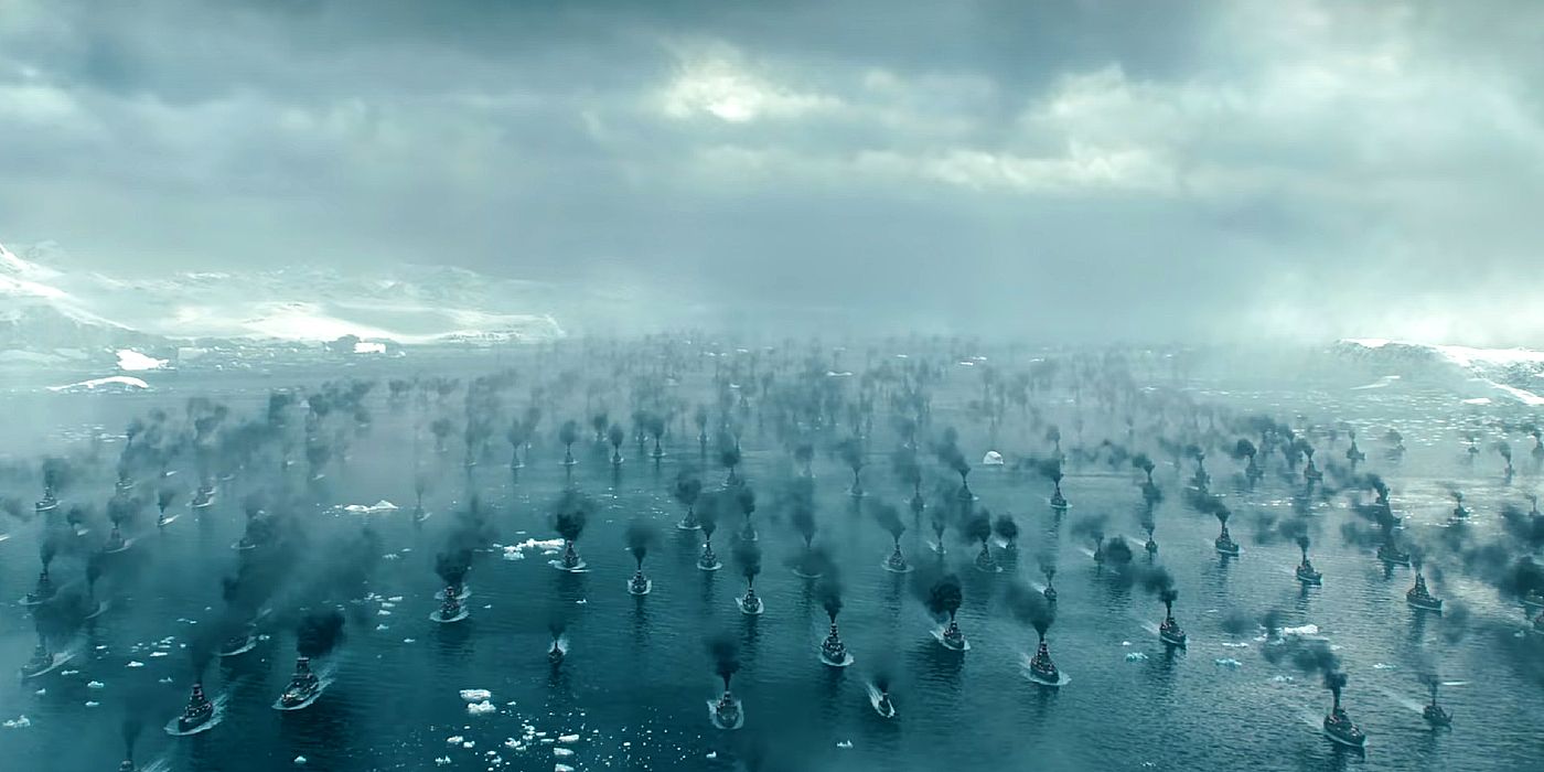 A Marinha da Nação do Fogo avançando sobre o Pólo Norte no final da 1ª temporada de Avatar: O Último Mestre do Ar da Netflix