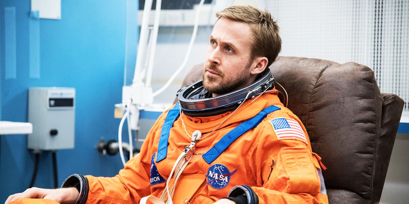 Ryan Gosling sitting in his astronaut suit in First Man