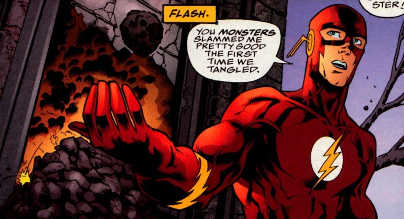 Comic book panel: the Flash speaks to some monsters before fighting them.