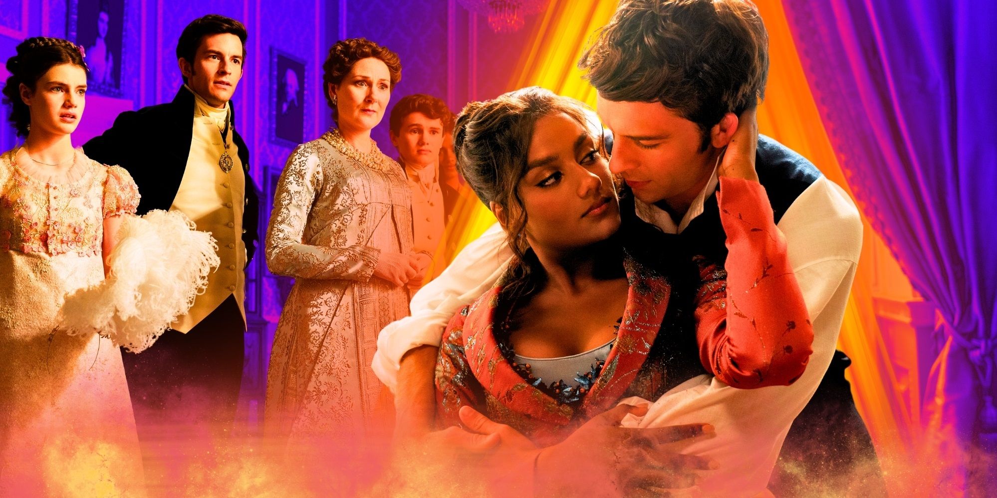 Florence Hunt as Hyacinth, Jonathan Bailey as Anthony, Ruth Gemmell as Violet, Will Tilston as Gregory, and Simone Ashley as Kate in Bridgerton season 2