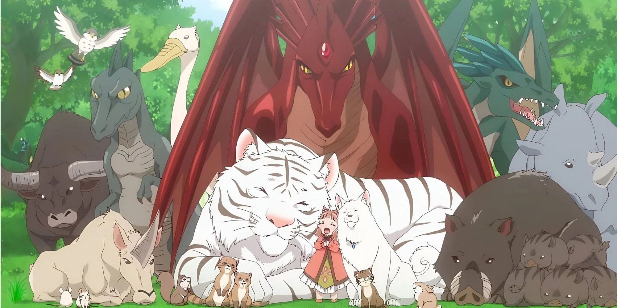 Fluffy Paradise, Nefertima Osphe is surrounded by animals, including the holy beast Lars and the red dragon.