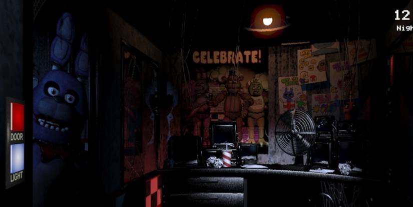 Gameplay from FNAF 1 showing Bonnie looking into the office.