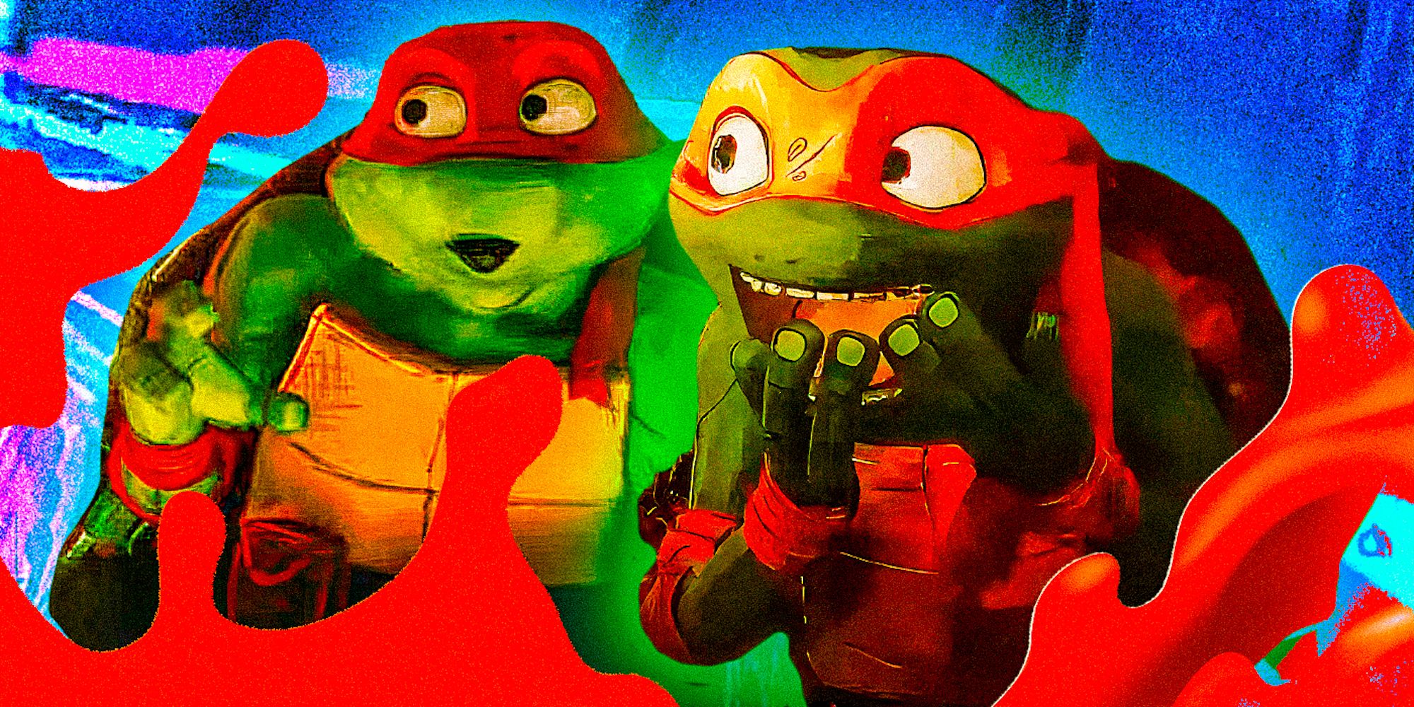 Michelangelo and Raphael are making surprised faces in Teenage Mutant Ninja Turtles: Mutant Mayhem. 