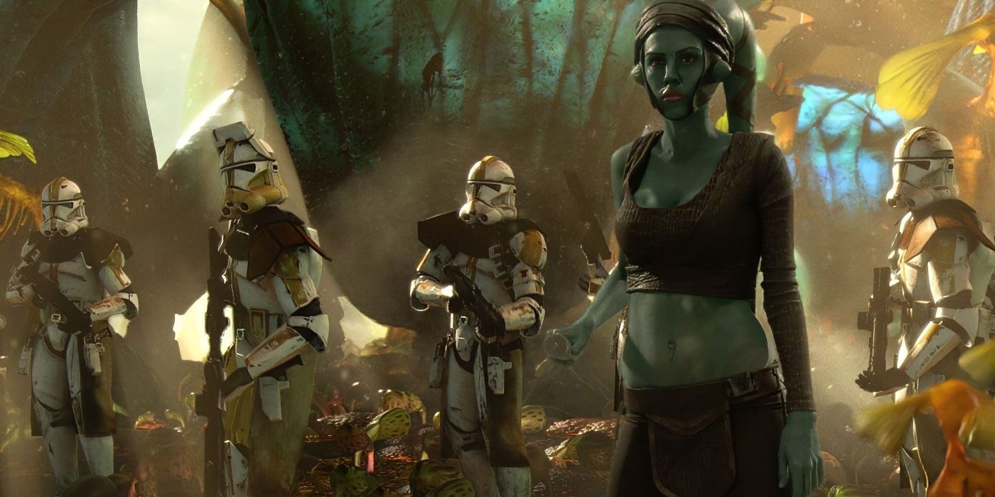 Star Wars Jedi Aayla Secura being killed by Clone Troopers during Order 66.