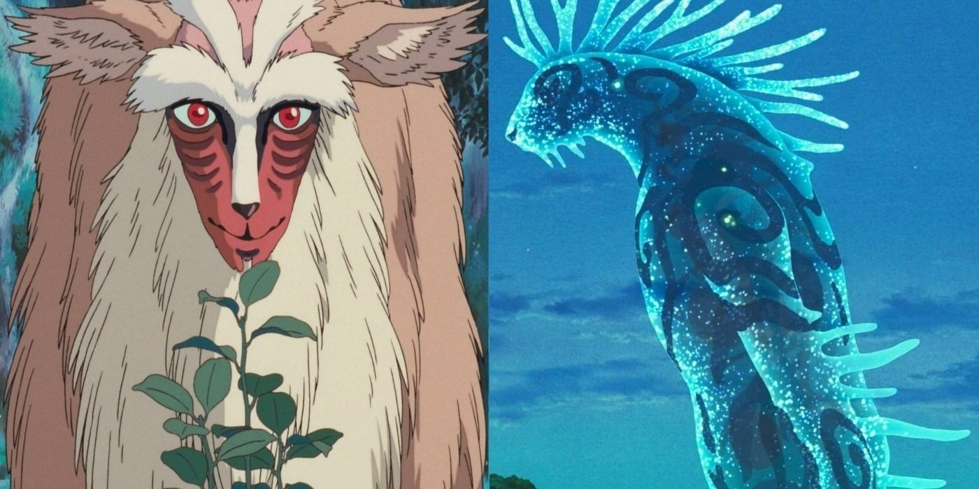 O Forest Spirit sorri em sua forma de cervo e vagueia em sua forma Nightwalker em Princesa Mononoke.