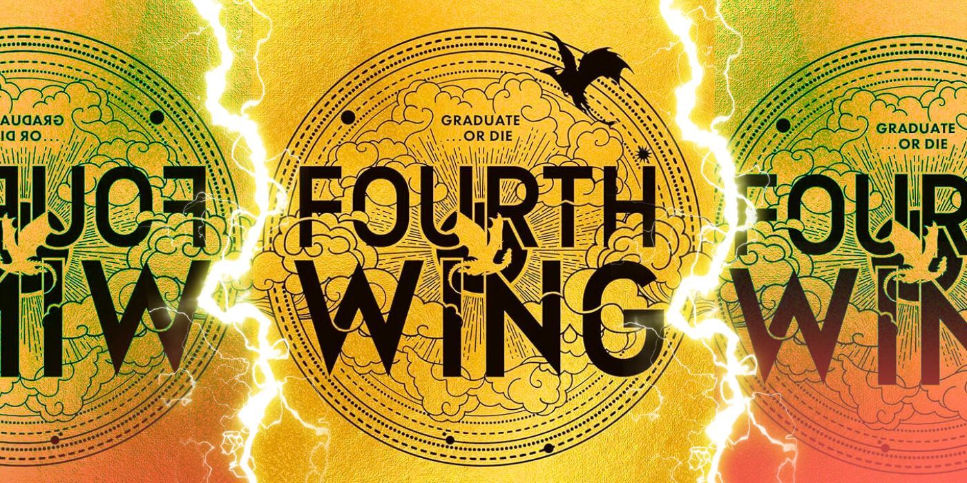 This custom image shows the Fourth Wing book cover next to each other three times with lightning in between.
