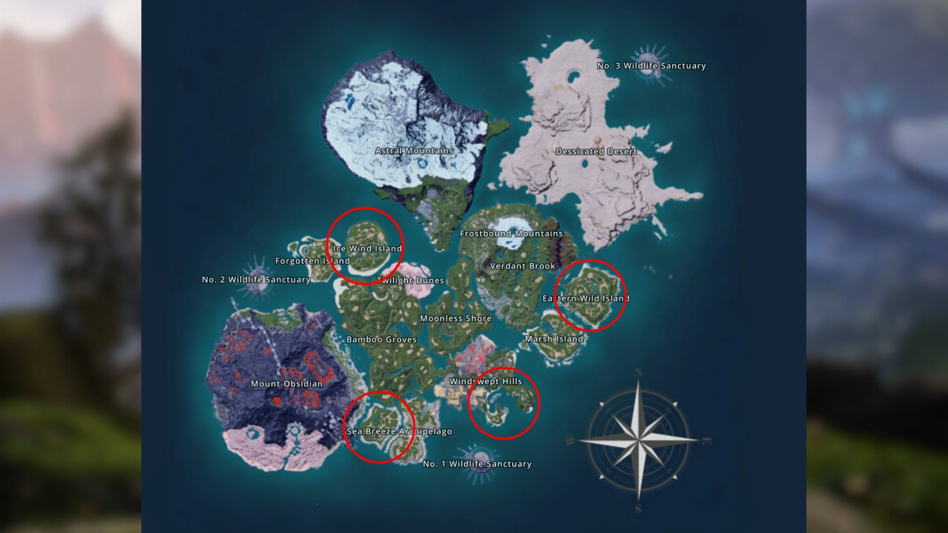 Locais Foxparks destacados no mapa Palworld