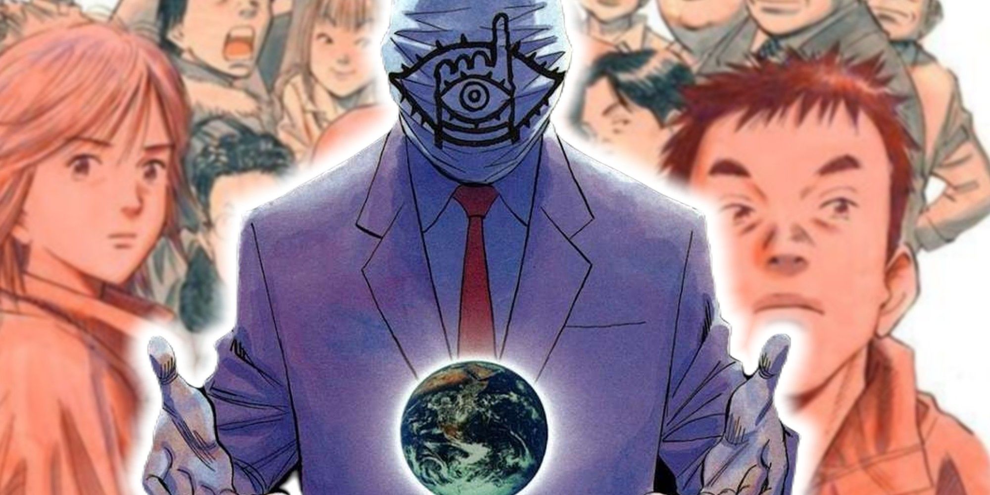 Friend from 20th Century Boys in front of characters from the series