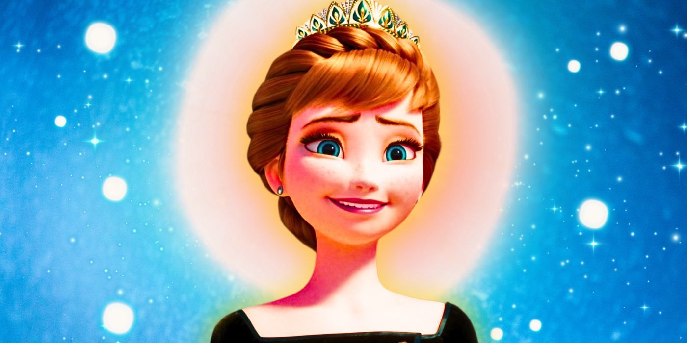 Anna wearing a crown and smiling in Frozen 2 against a blue background
