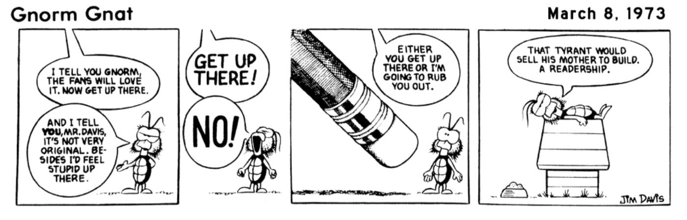 Jim Davis usando Gnorm Gnat para parodiar Peanuts. 