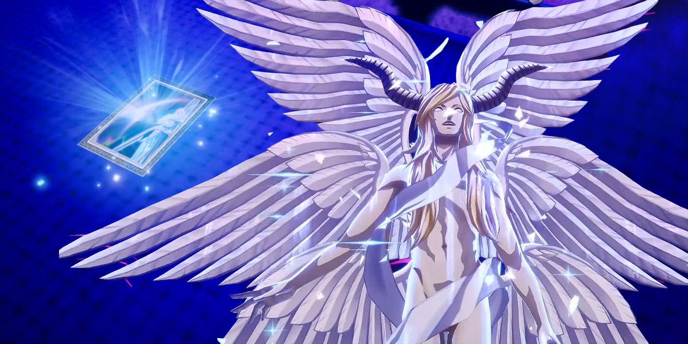 Helel with wings out and her persona card In Persona 3 Reload