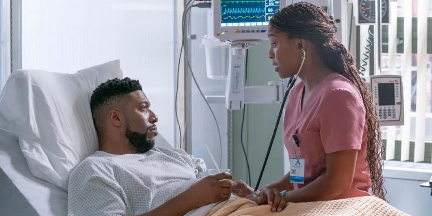 Gabrielle (Toya Turner) cuidando de Reynolds (Jocko Sims) enquanto ele se recupera em uma cama de hospital em Nova Amsterdã.