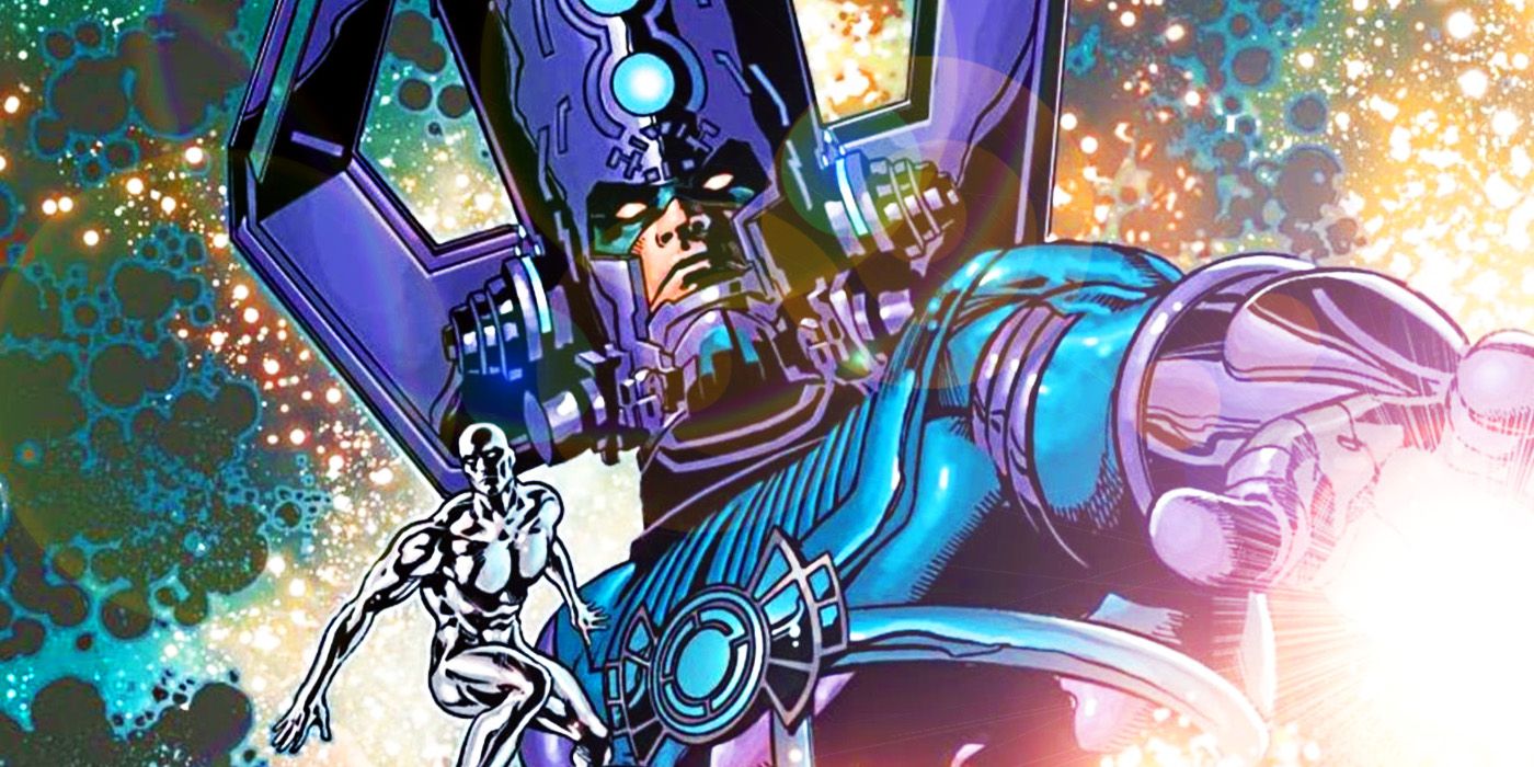 Galactus and the Silver Surfer causing explosions in Marvel Comics