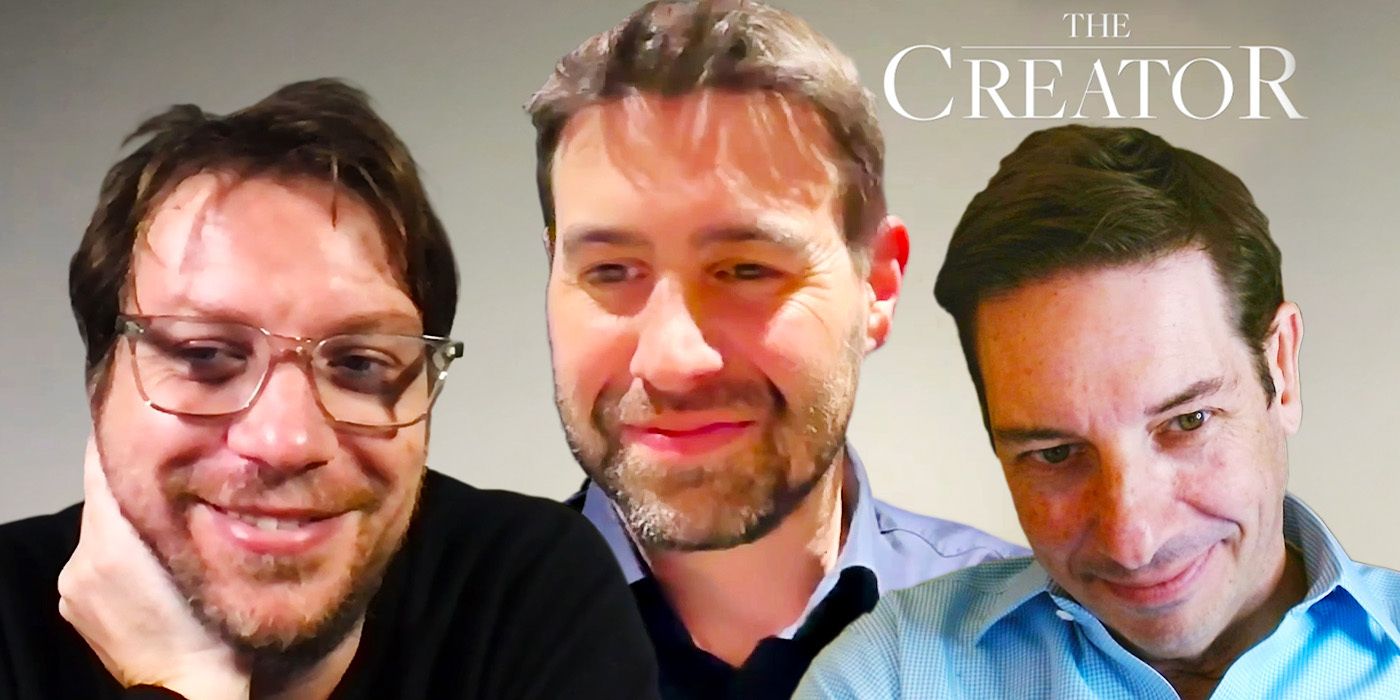 Edited image of Gareth Edwards, Jay Cooper, and Ian Comely during The Creator interview