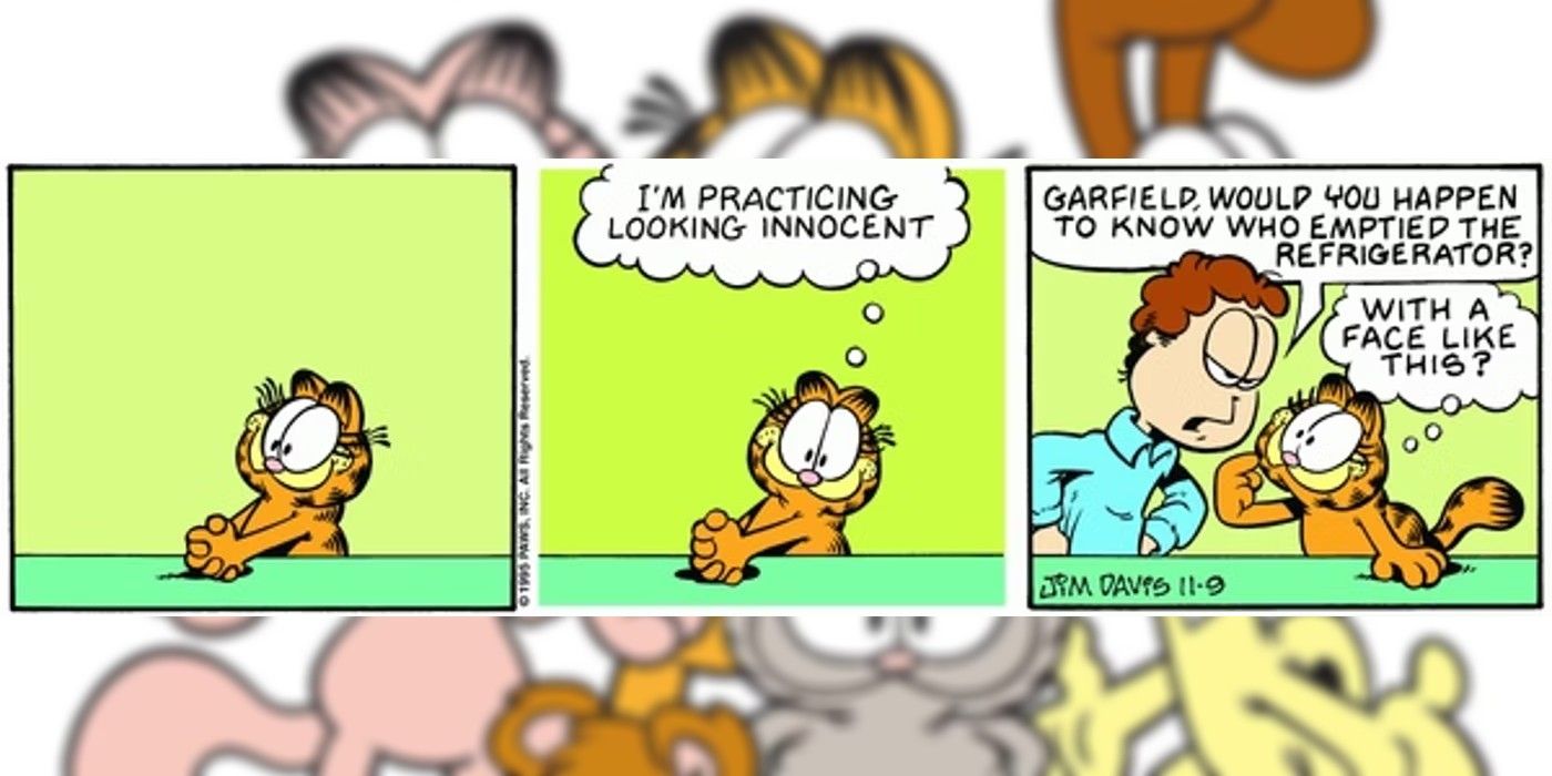 garfield comic where he’s practicing looking innocent