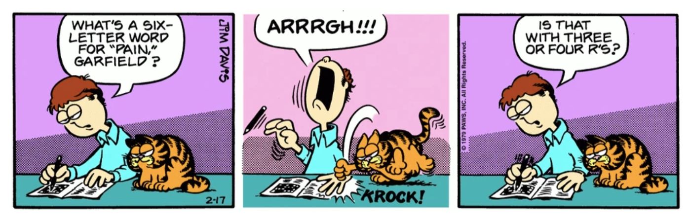 Garfield ajudando Jon a aprender uma palavra de seis letras para "dor".