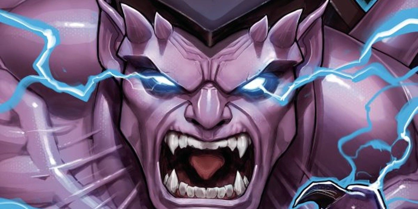 Goliath snarling and surrounded by lightning on the cover of Gargoyles #4