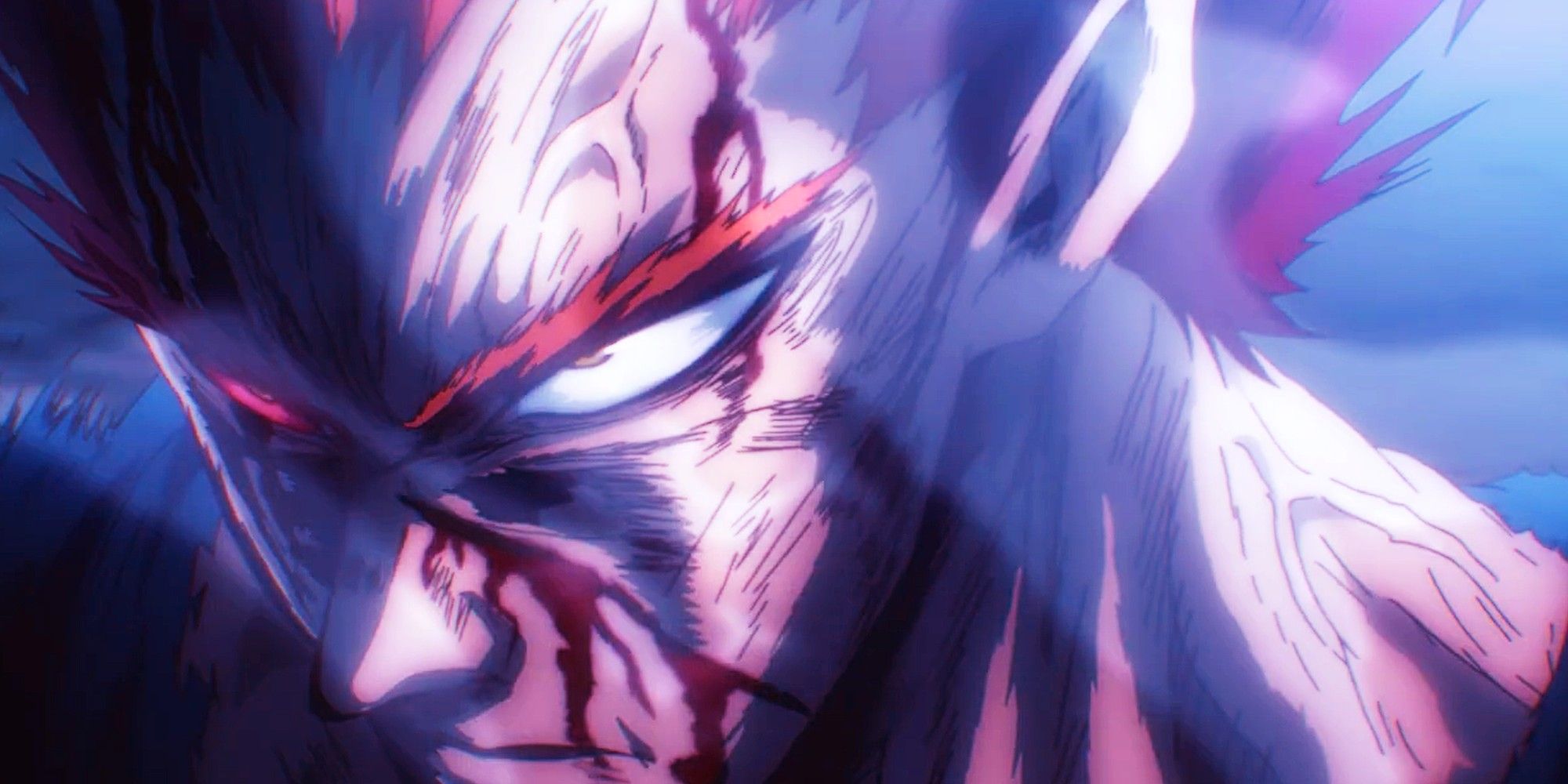 Close-up of Garou's bruised face with an angry look