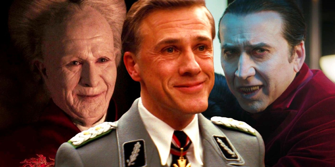 Gary Oldman as Dracula, Nicolas Cage as Dracula in Renfield, and Christoph Waltz as Hans in Inglourious Basterds