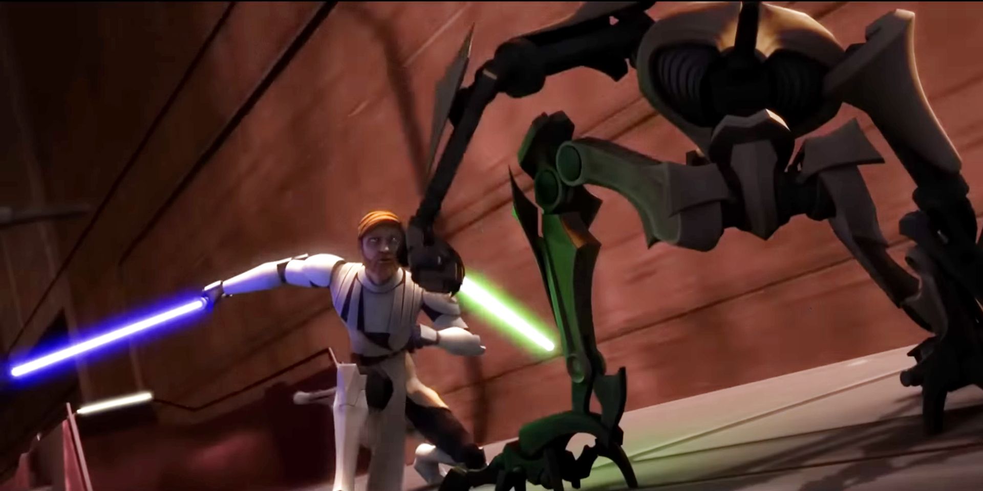 General Grievous and Obi-Wan Kenobi fighting on a train in Destroy Malevolence