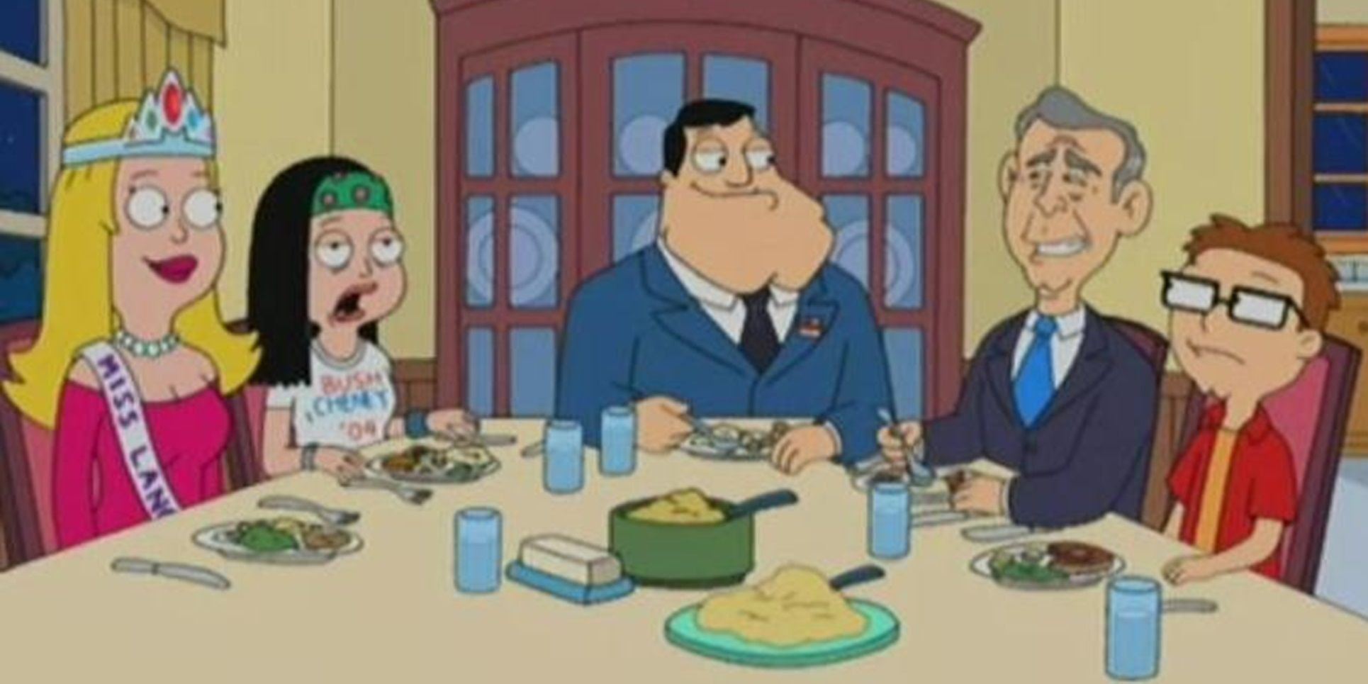 George W Bush eats dinner with the Smiths in American Dad