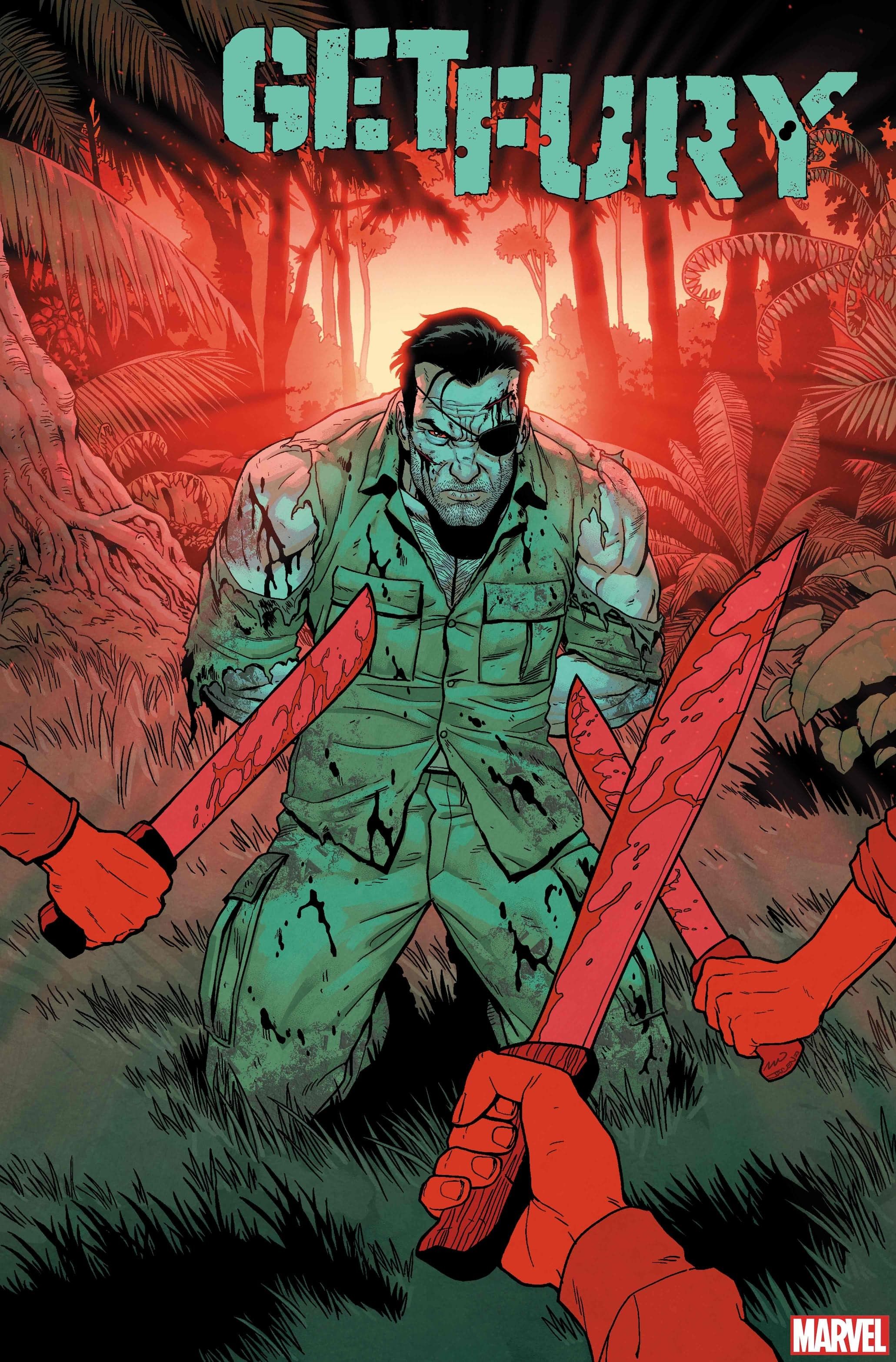 obter a arte da capa do Fury Nick Fury é segurado por vietcongues, que brandem facões - a cor é apenas vermelho sangue e verde acinzentado-1