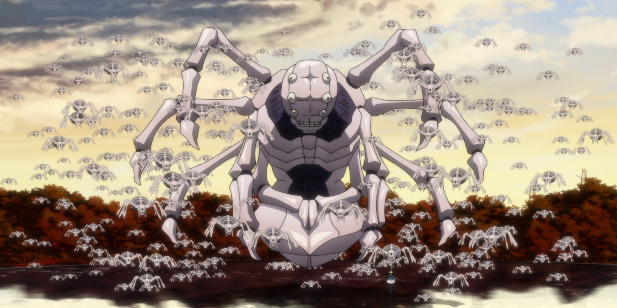 Captura de tela do episódio 20 de Undead Unluck representando Autumn cercada por uma horda de outros pequenos insetos.