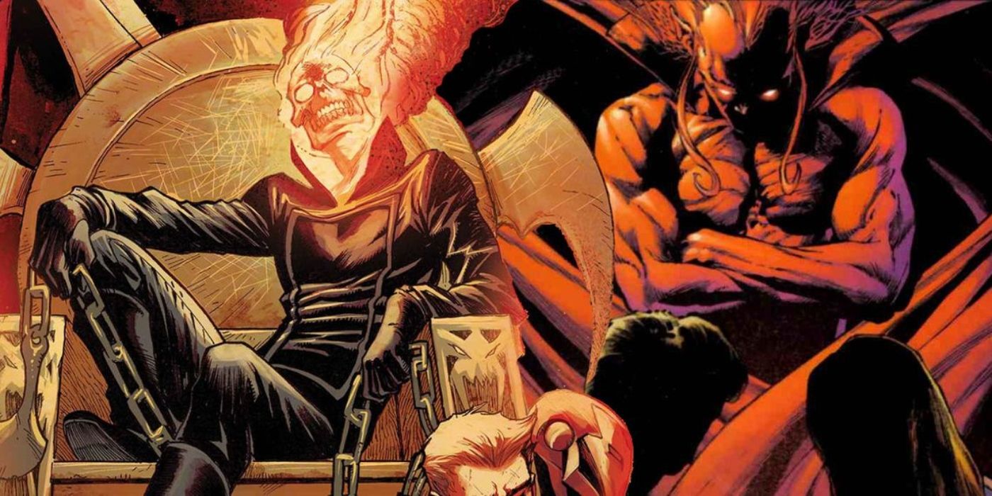 Ghost Rider sitting on a throne (left) with Mephisto looming behind him (right.)