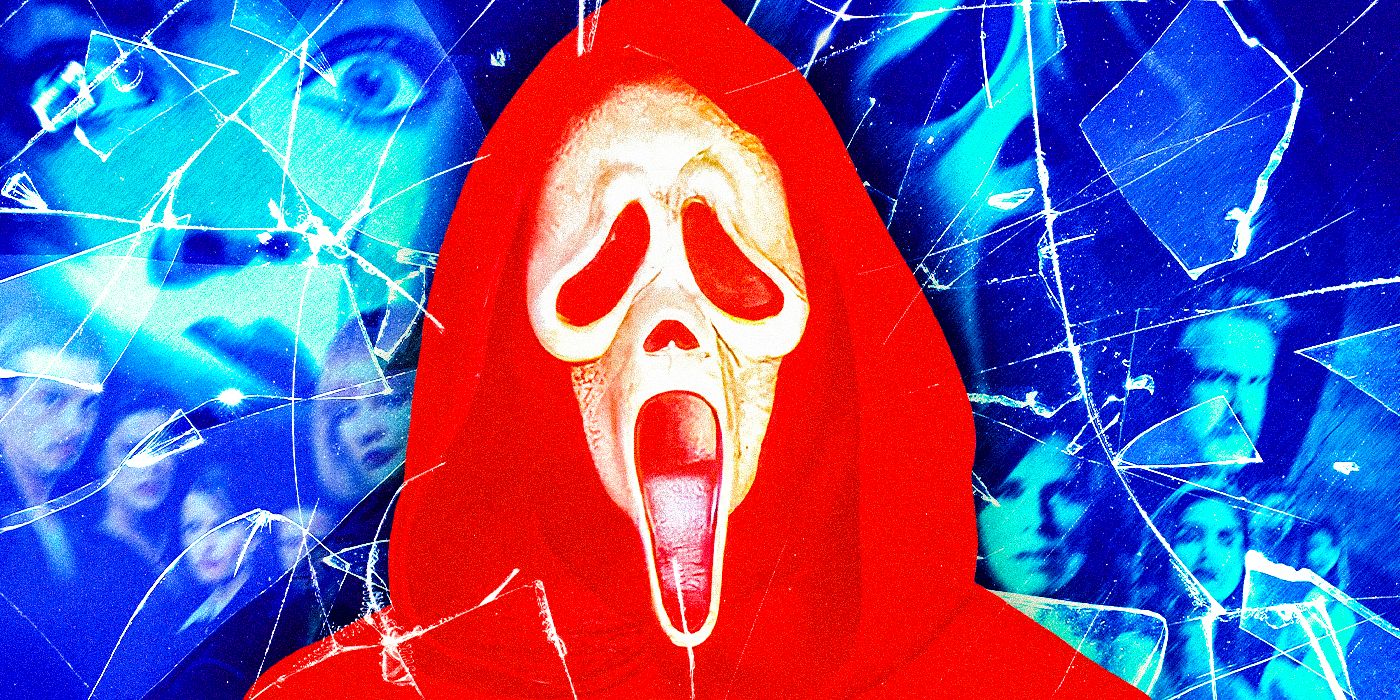 Ghostface in red in front of the original poster and Scream 5 poster covered in blue cracked glass