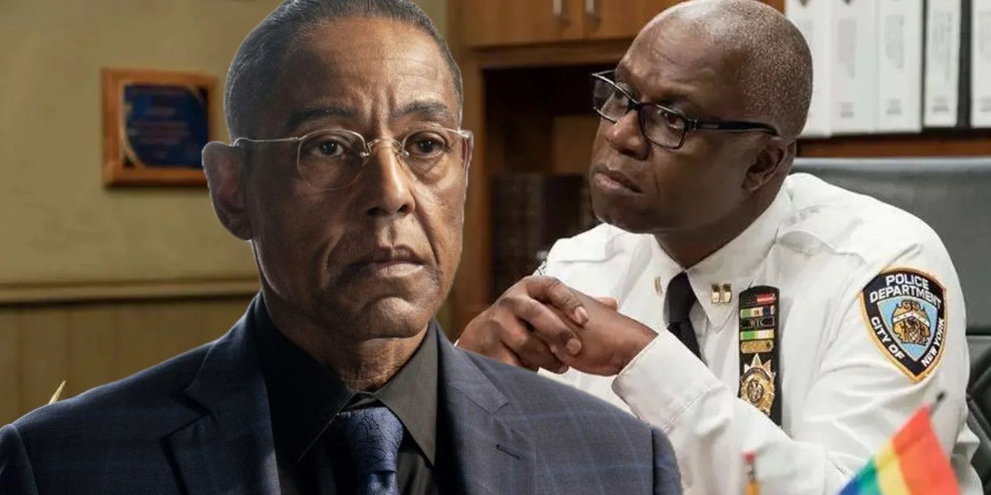 Giancarlo Esposito as Breaking Bad's Gus looking at Andre Braugher's Captain Holt